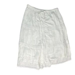 Studio West White A-Line Crinkle Skirt Embroidered Crochet Knee-Length Elastic W